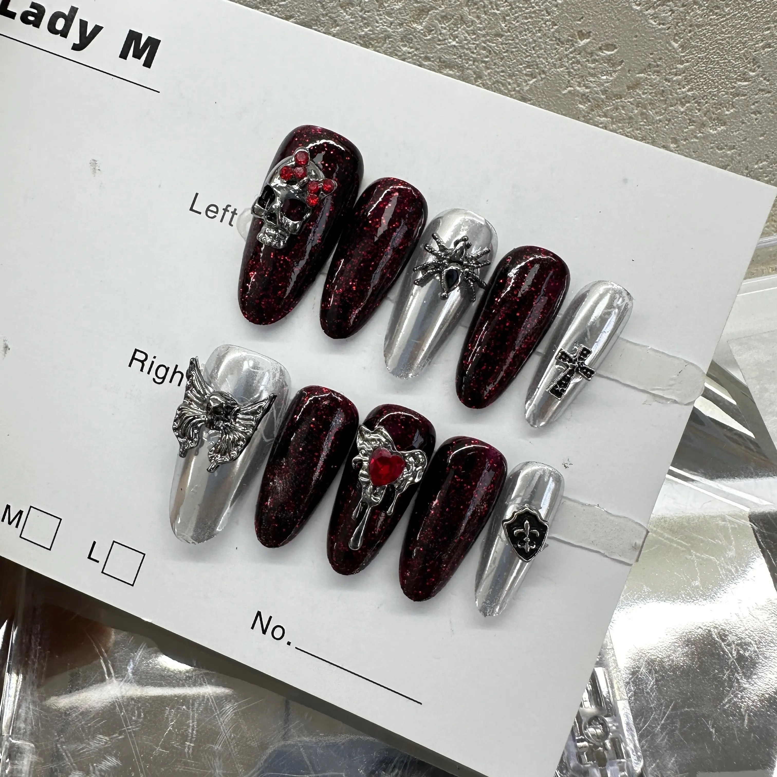 Halloween red black spider skull cross middle almond handmade press on nails