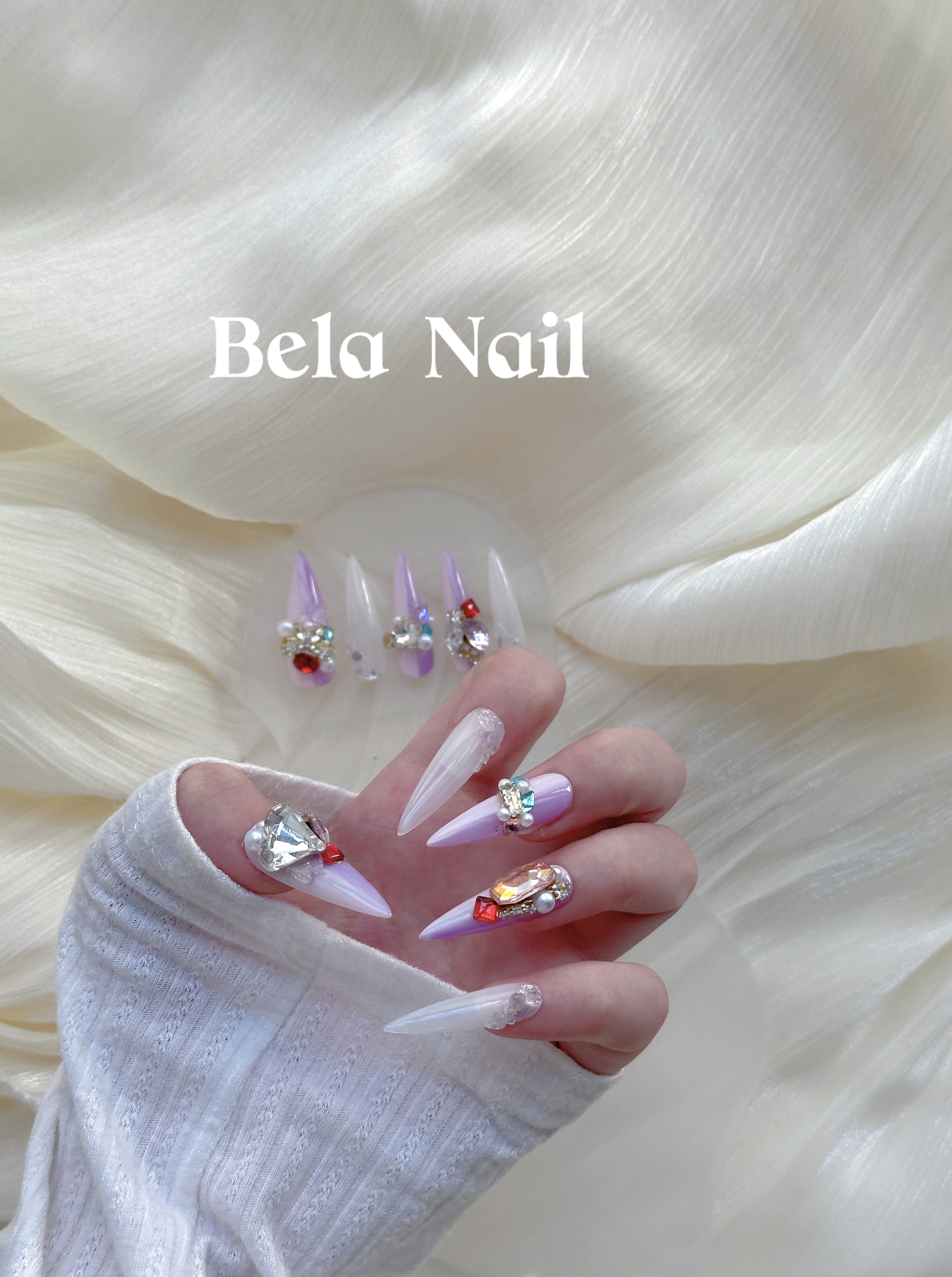 purple white middle almond  gemstone pearl handmade press on nails