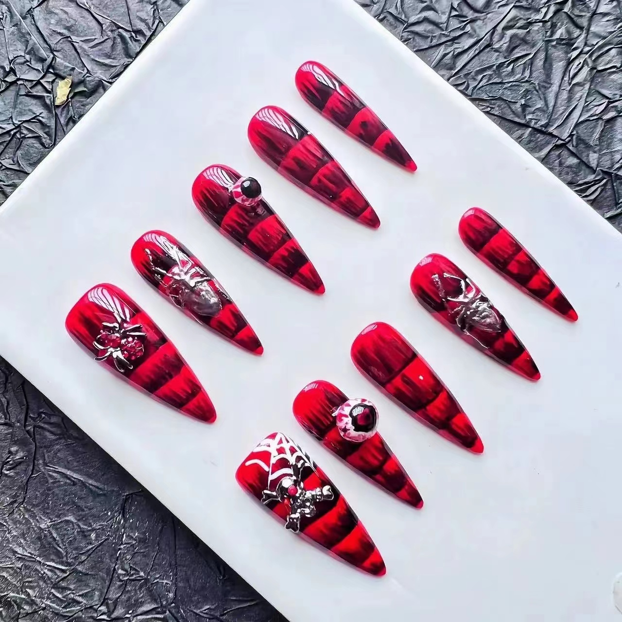 Halloween red devil eyes spider middle almond handmade press on nails