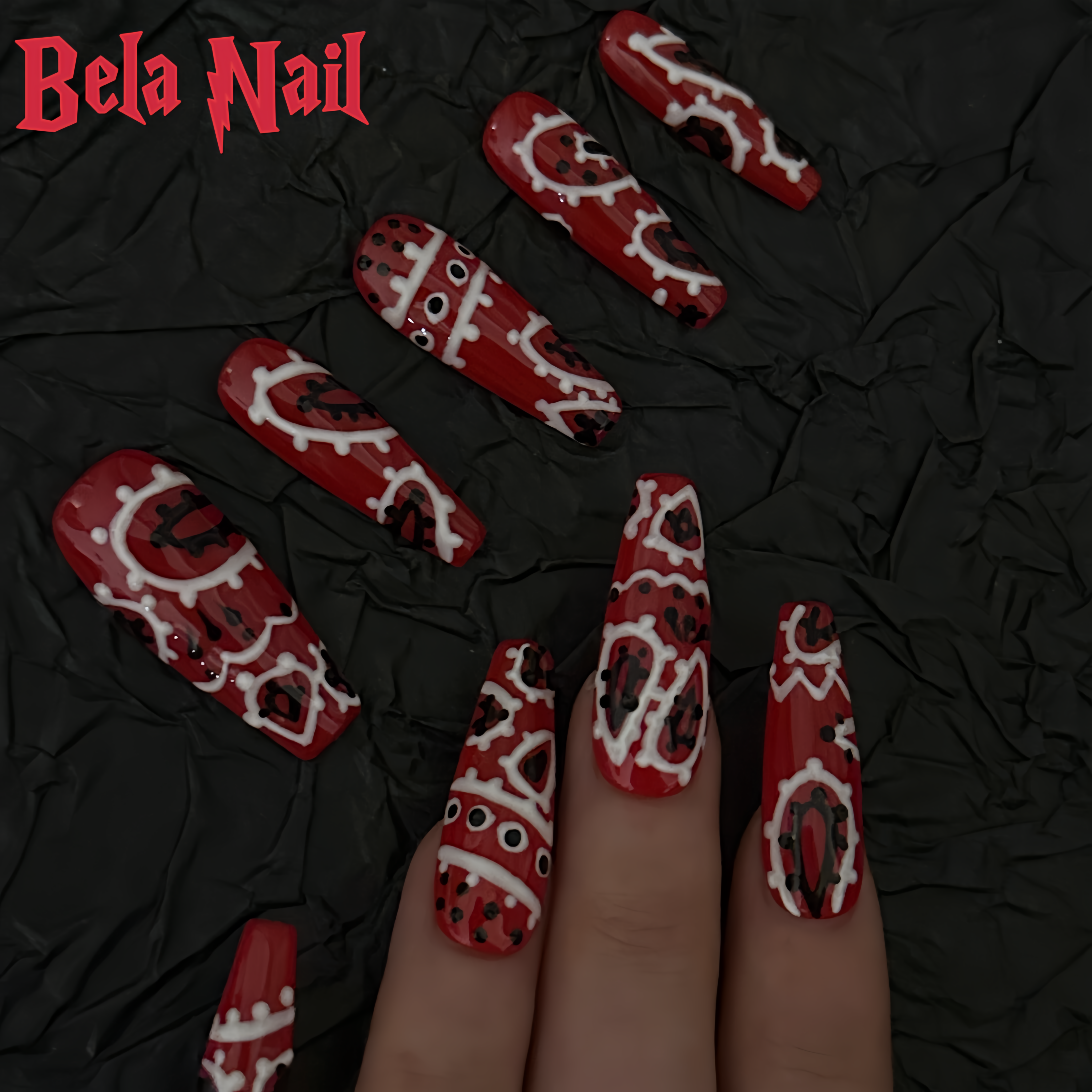 long coffin pure hand-painted red devil eyes handmade press on nails