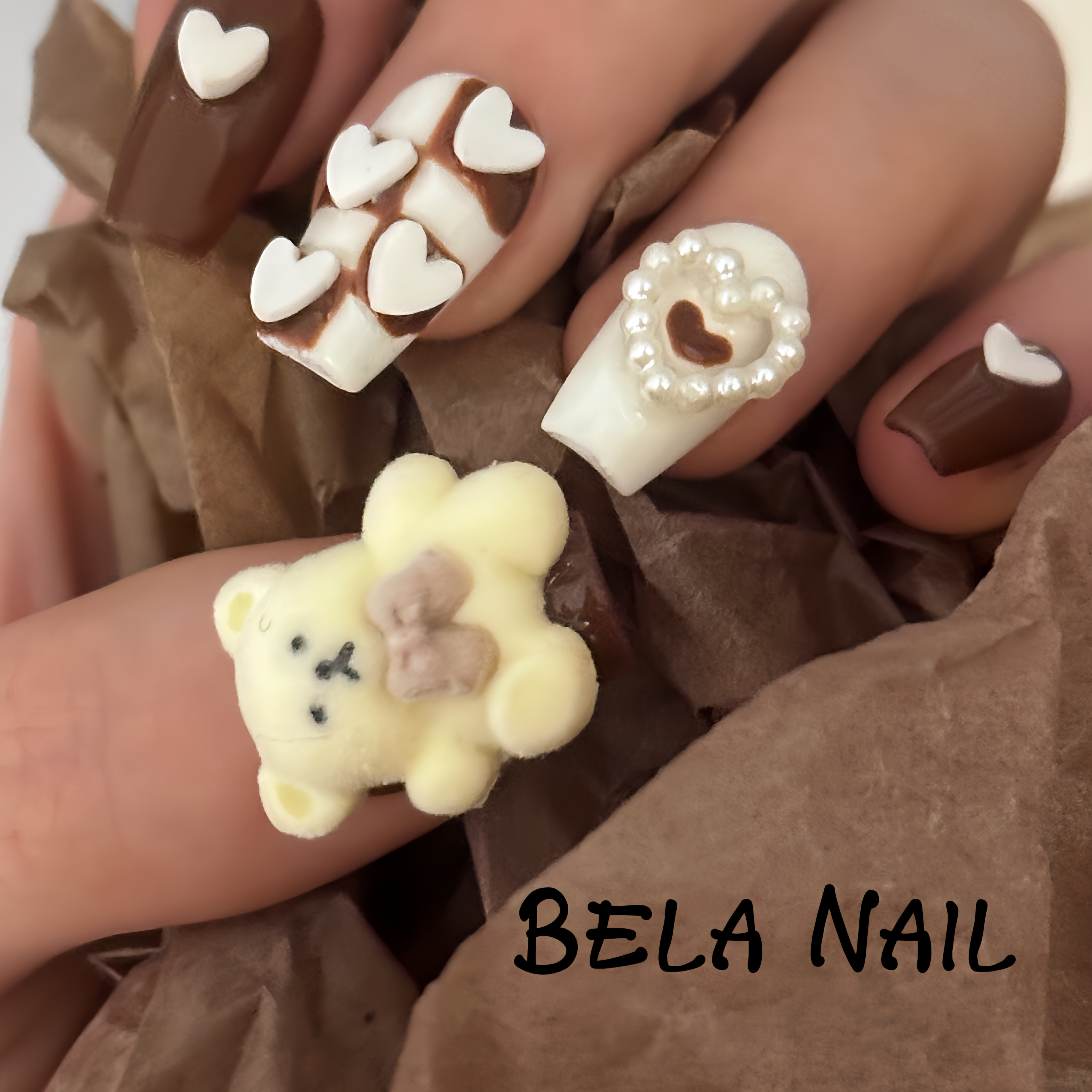 medium coffin chocolate bear heart handmade press on nails