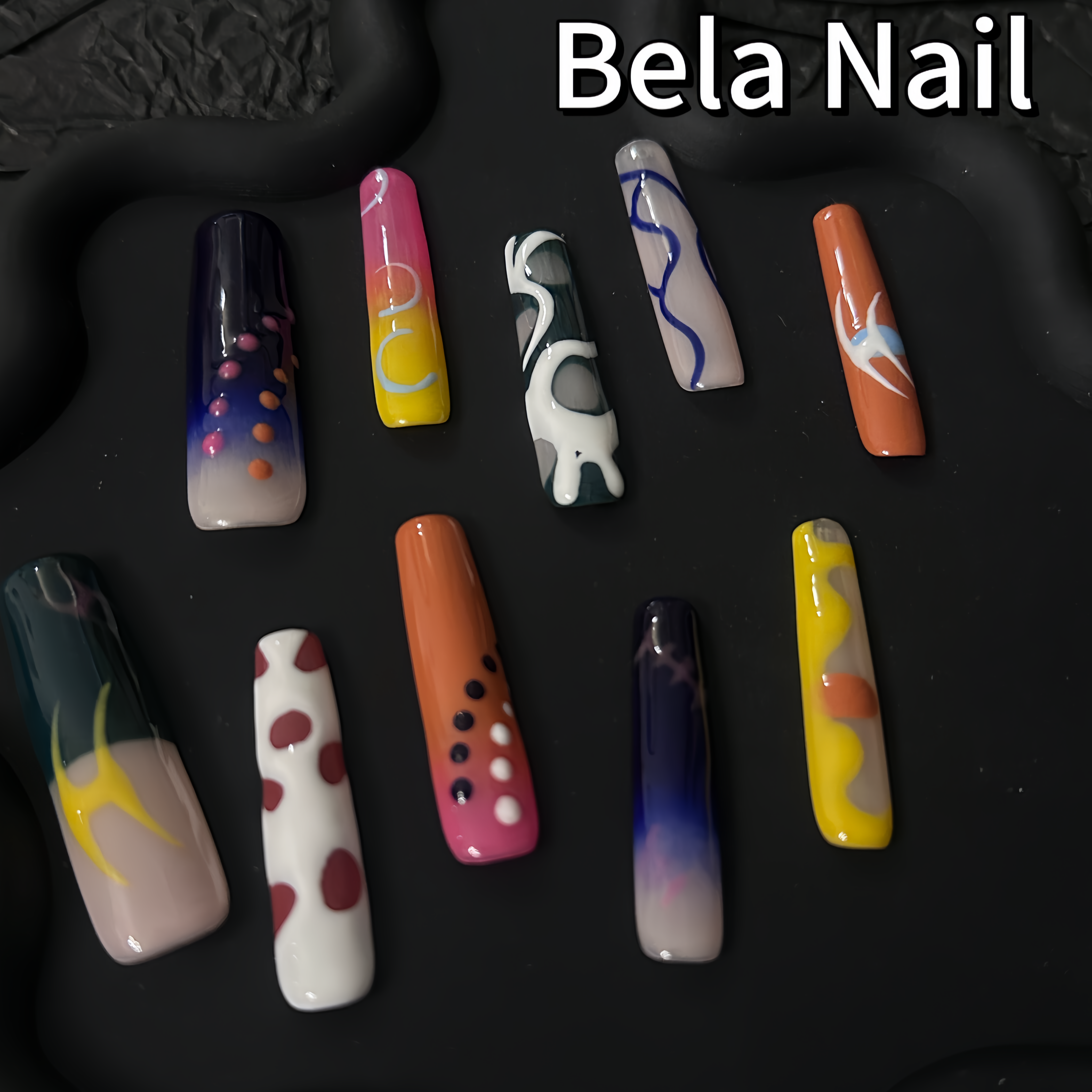 long coffin abstract hand drawn pattern handmade press on nails