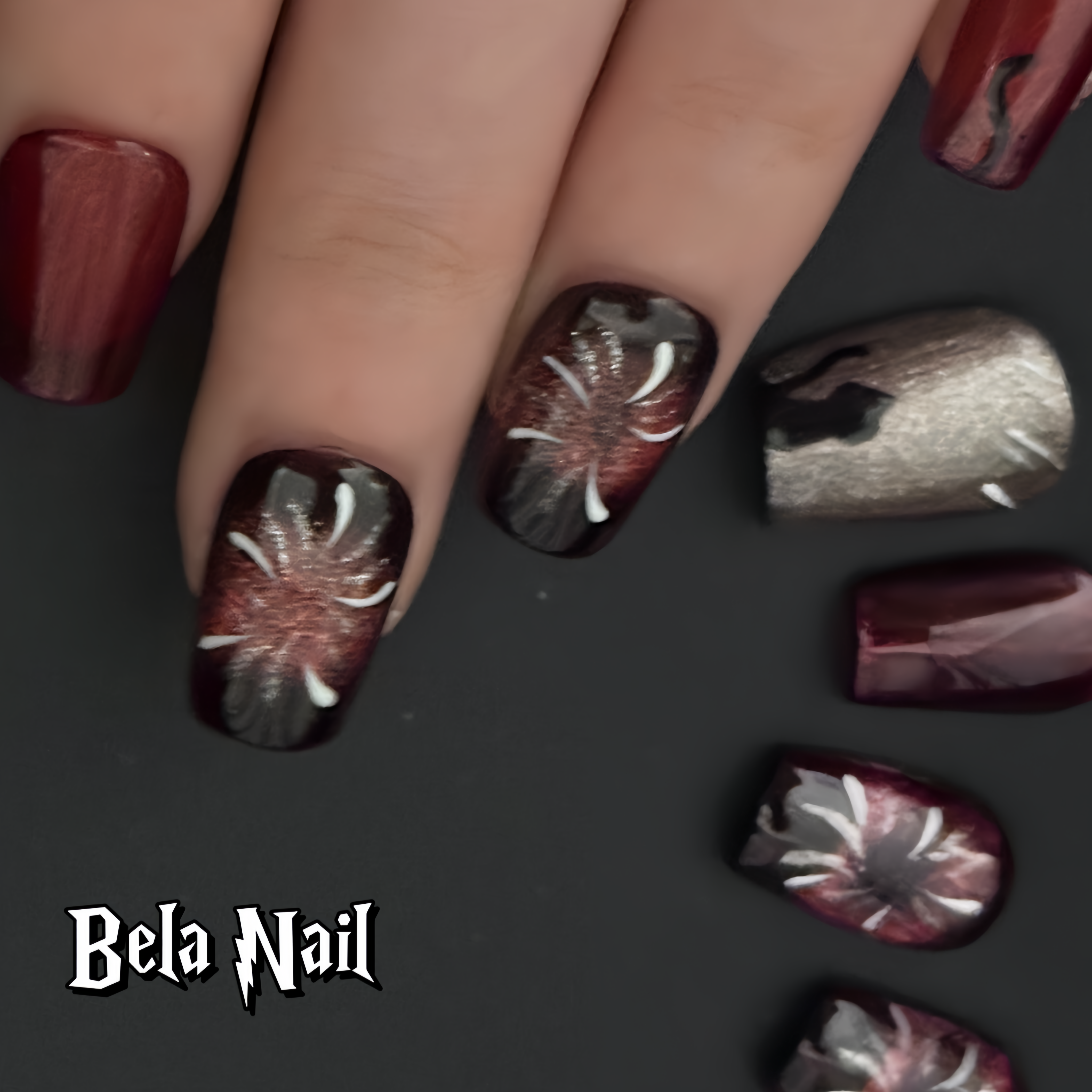 medium coffin red fireworks handmade press on nails
