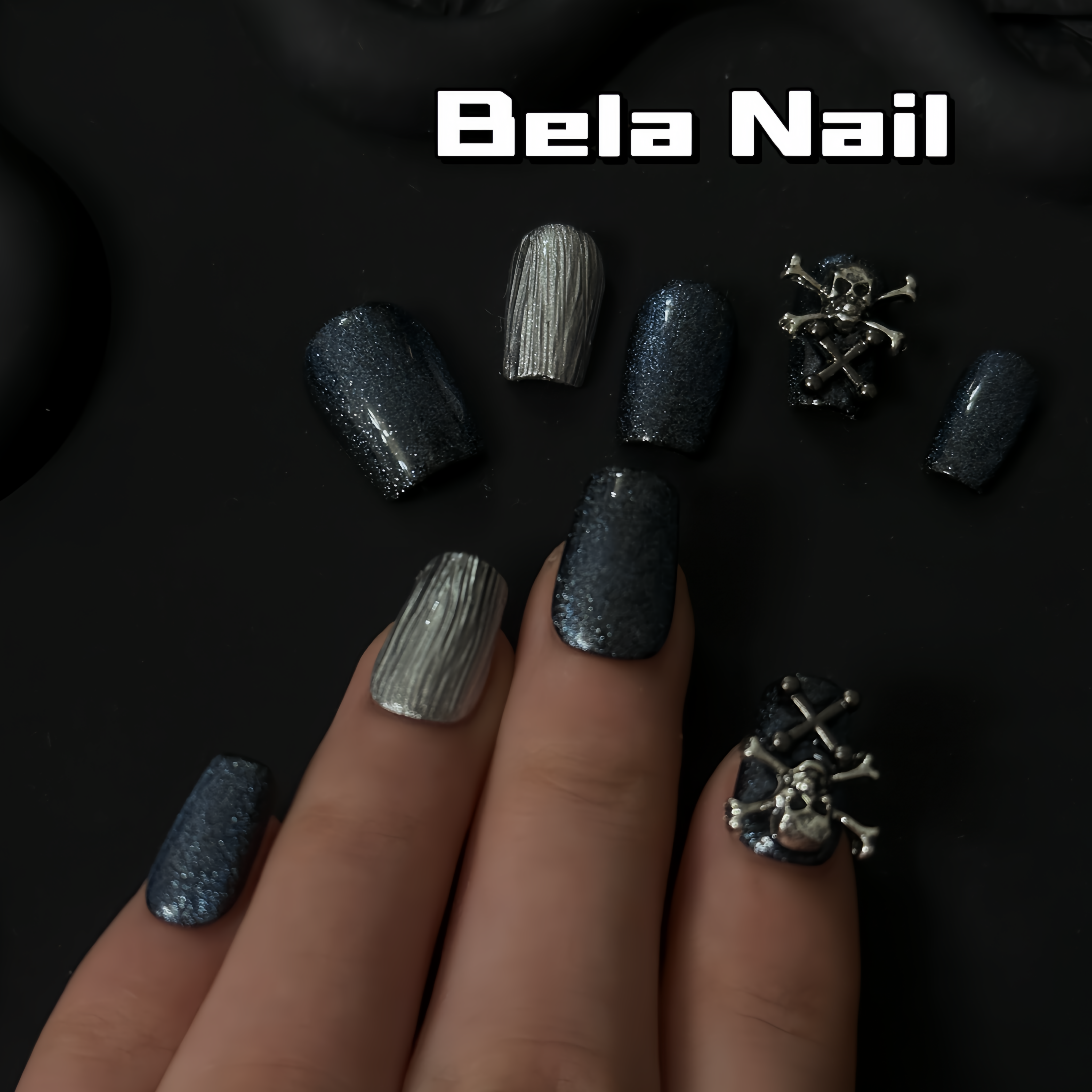 middle square gray blue skull handmade press on nails