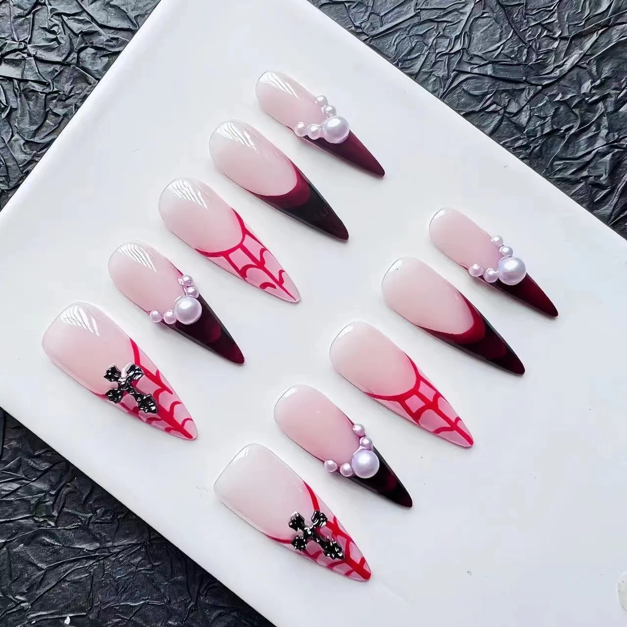 Halloween pearl cross almond handmade press on nails