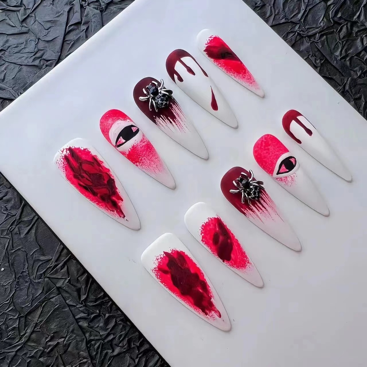 Halloween white spider devil eyes almond handmade press on nails