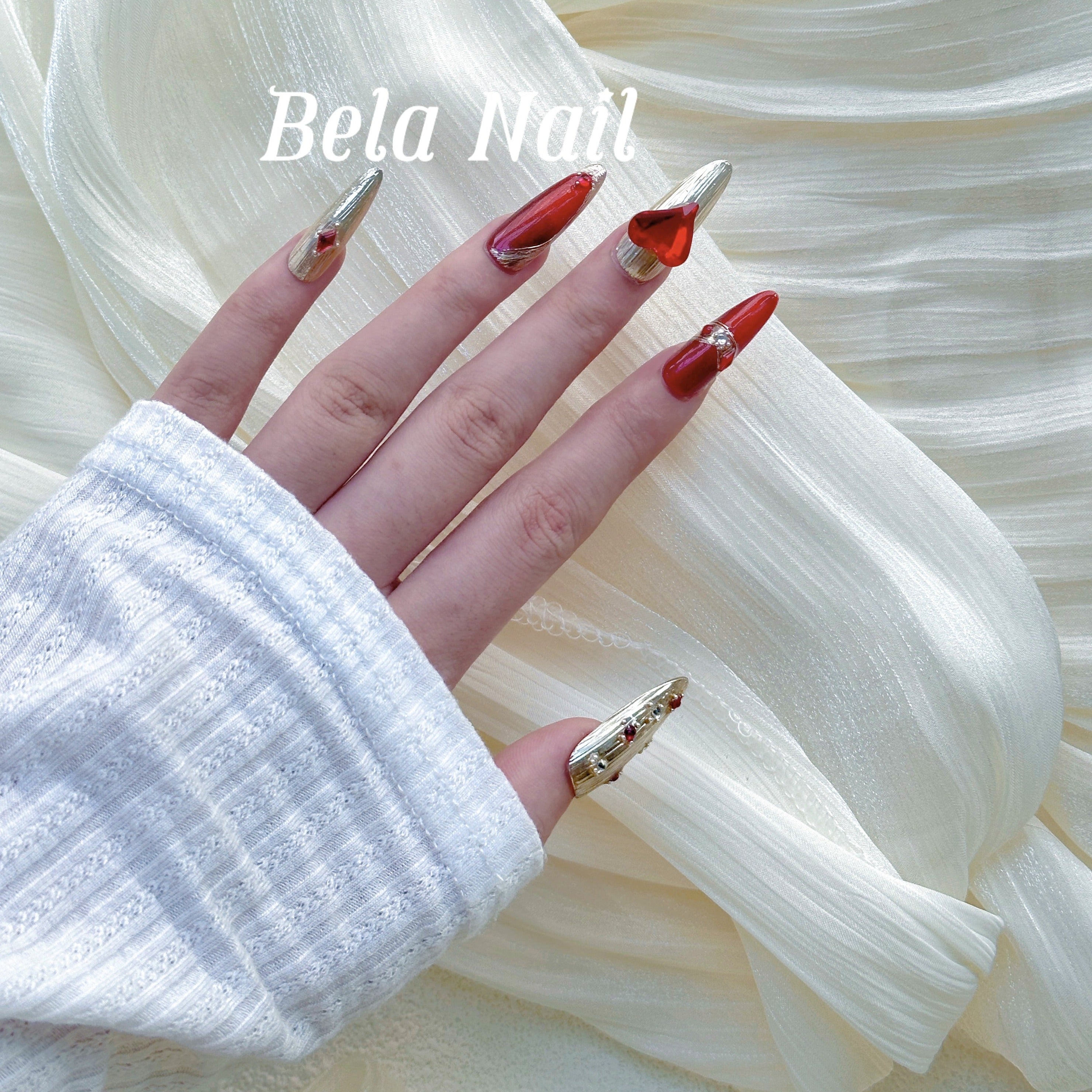 red silver middle almond gemstone handmade press on nails