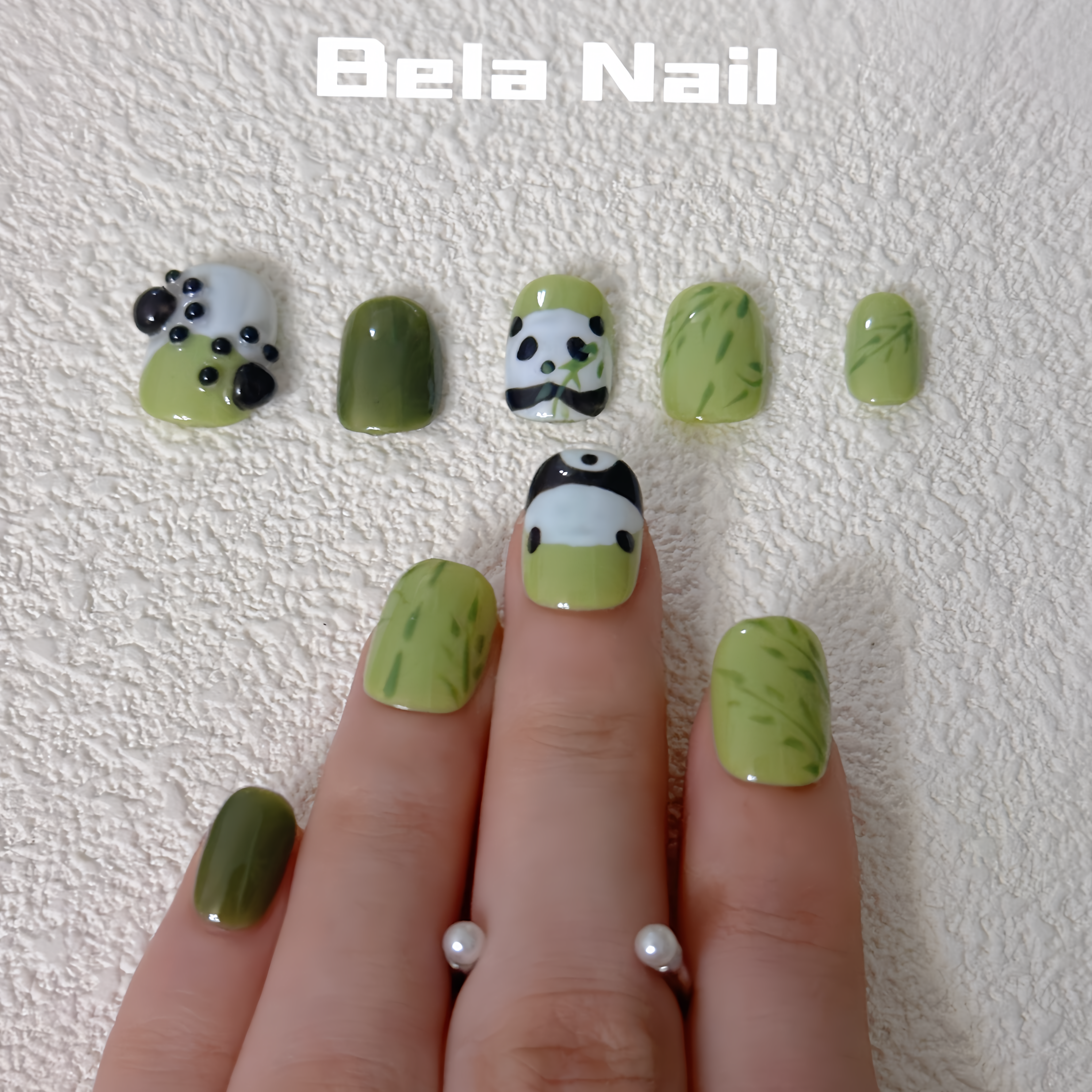 short round green cute panda Chinese style handmade press on nails