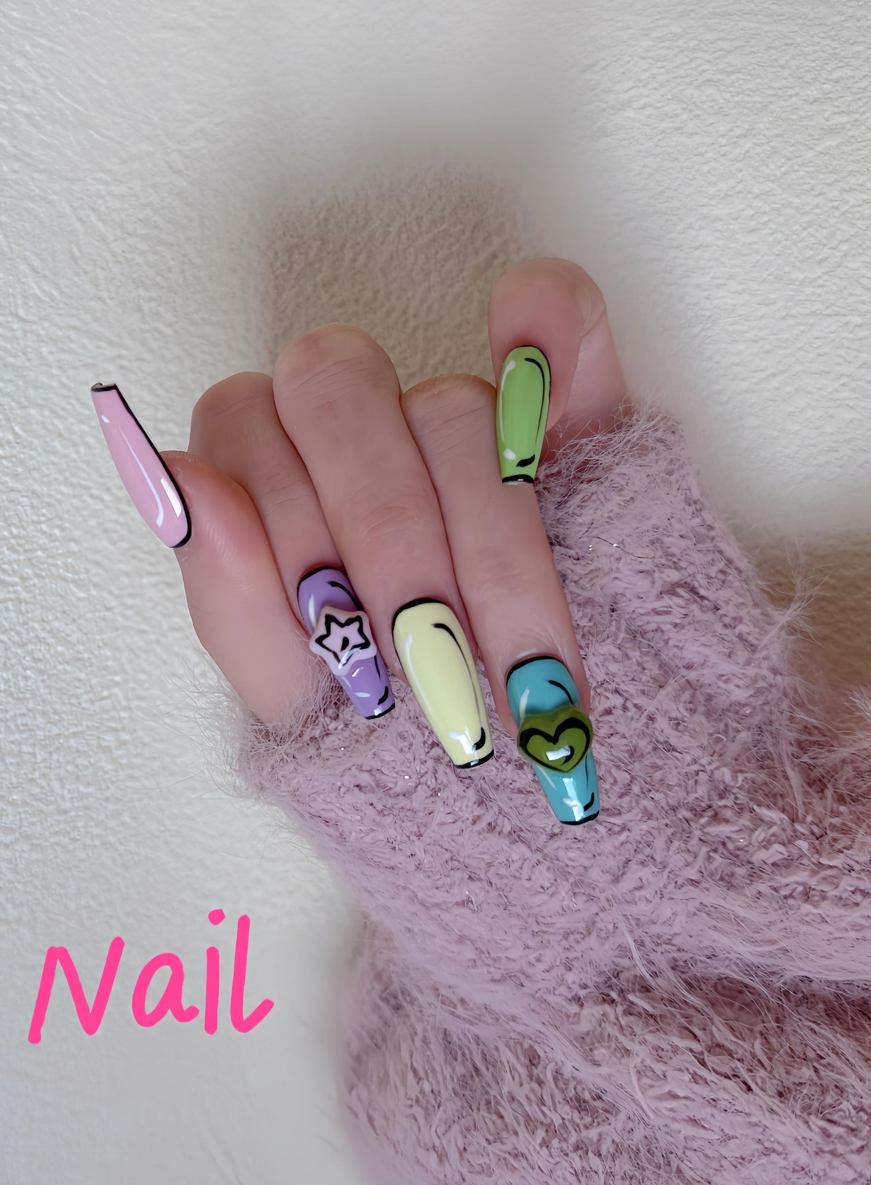 medium coffin cartoon cute heart stars discounted handmade press on nails