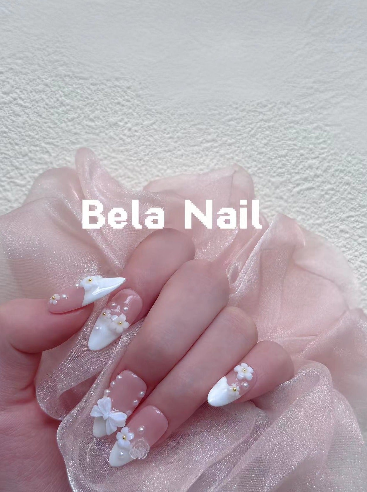 pink white short almond  gemstone  flower bowknot cute style handmade press on nails