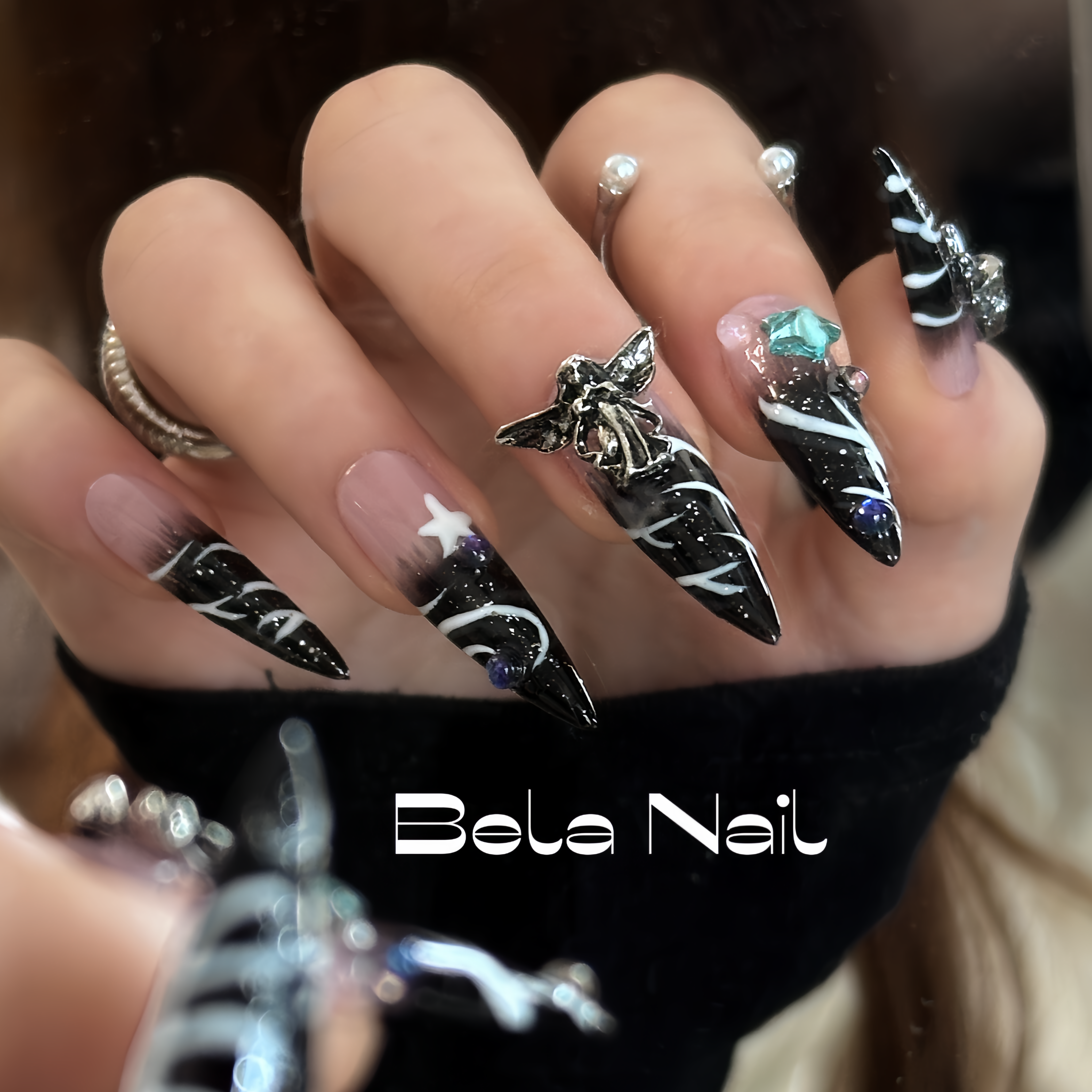 long almond dark angel handmade press on nails