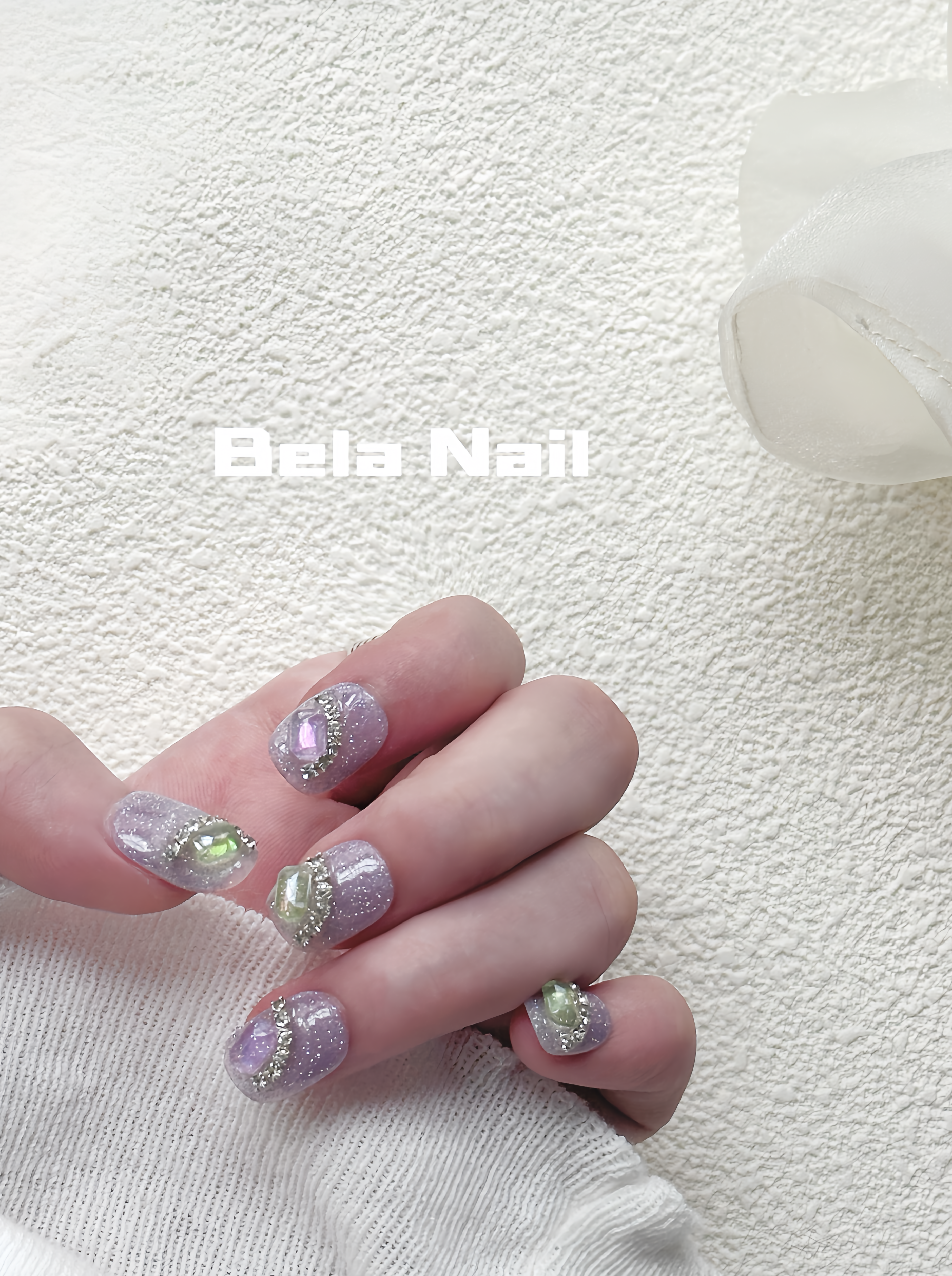 purple short square shiny gemstone diamond cute style handmade press on nails