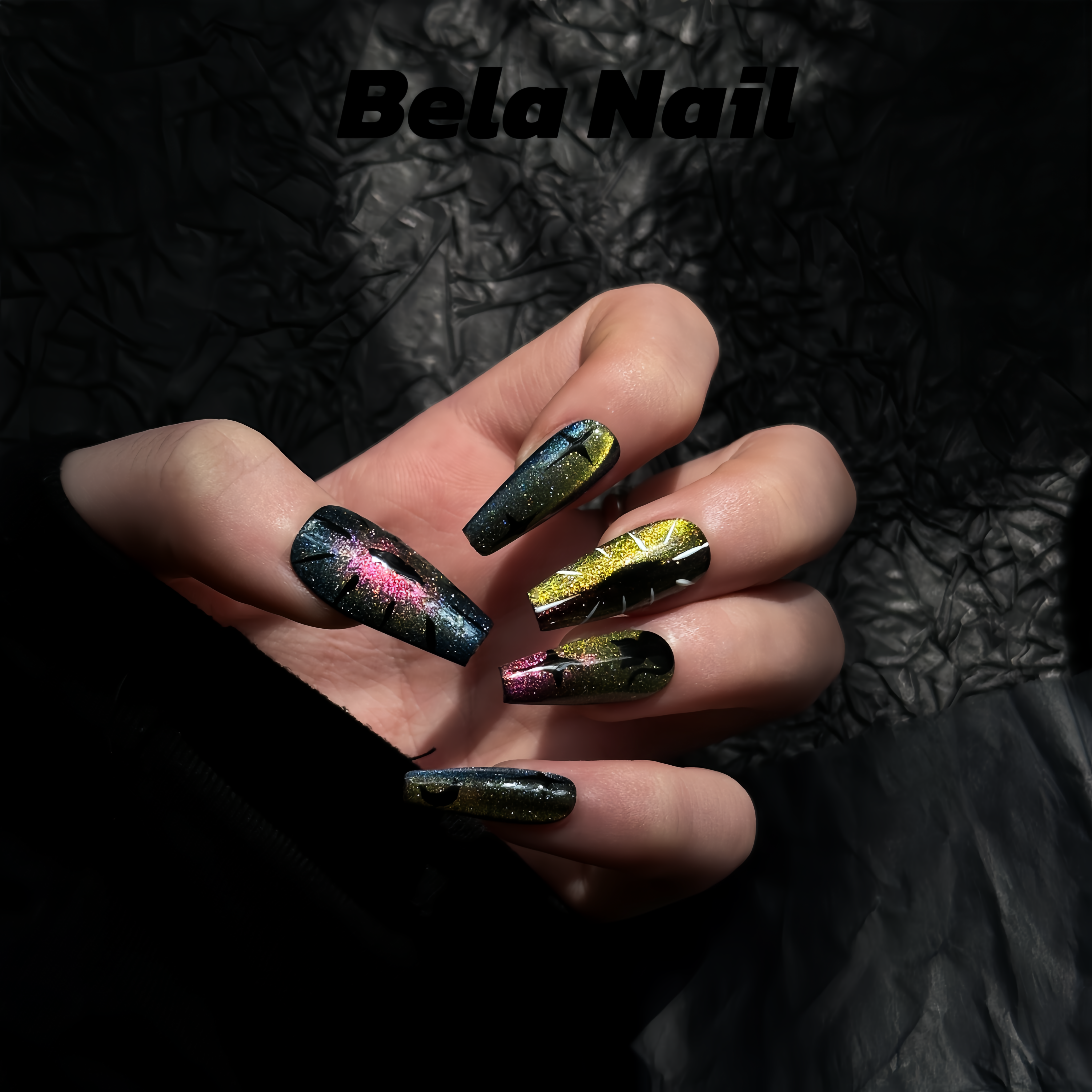 midium coffin pure hand-painted colorful devil eyes handmade press on nails