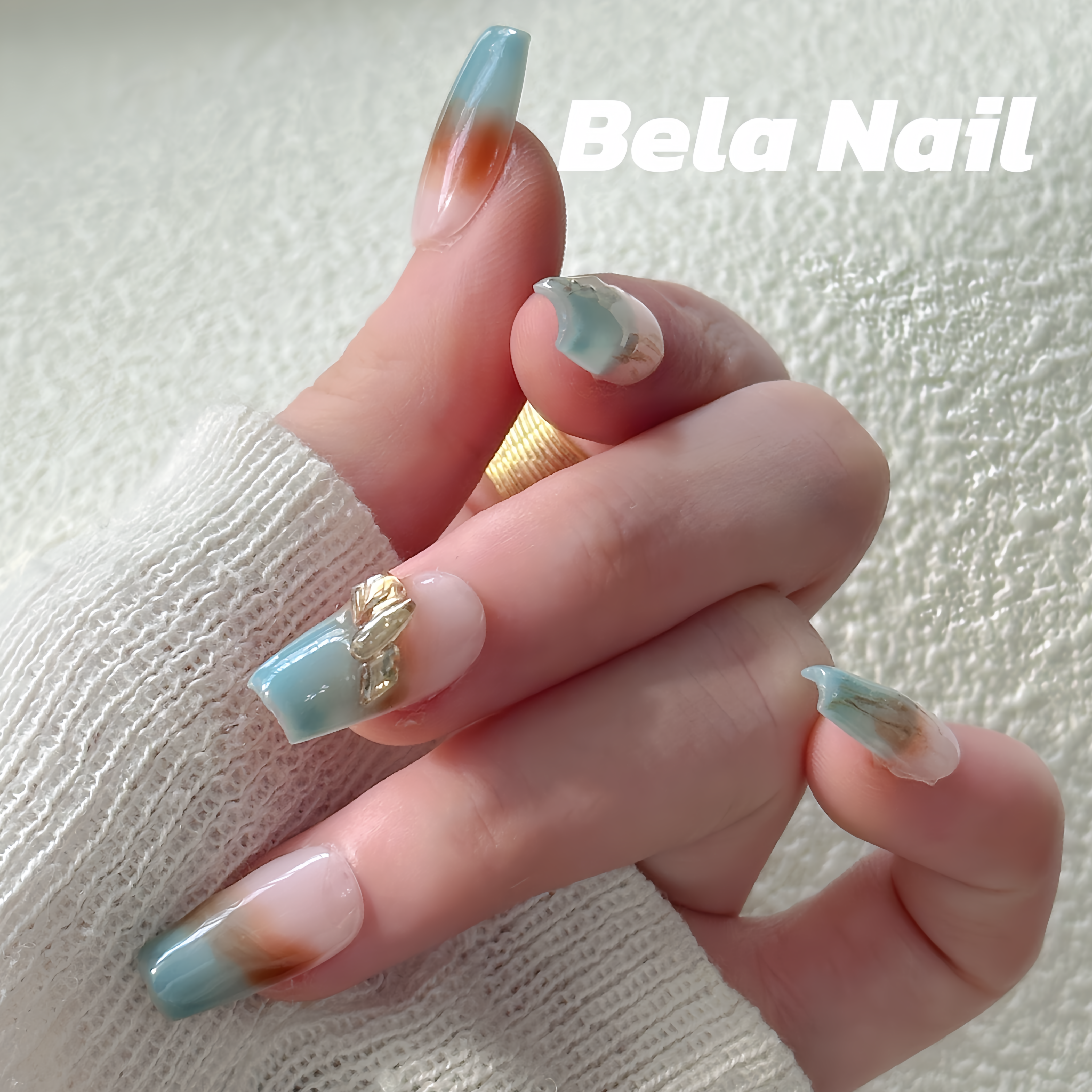 short coffin creative French blue handmade press on nails