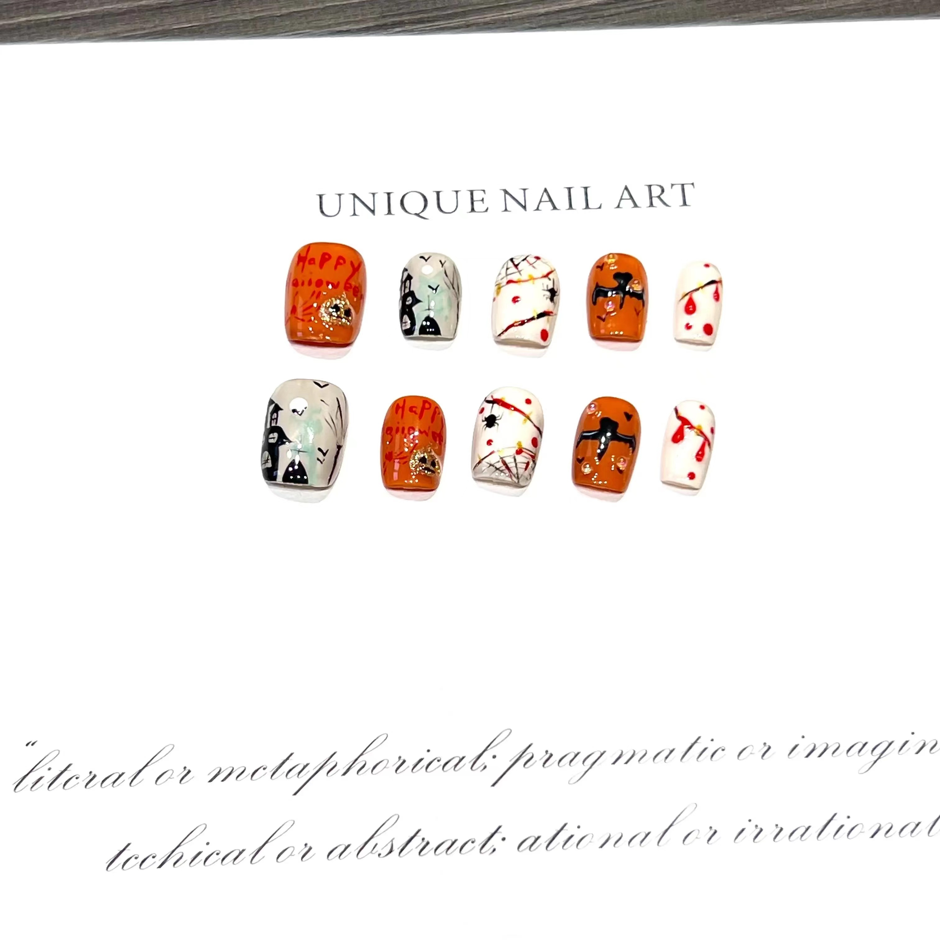 Halloween orange white short square handmade press on nails