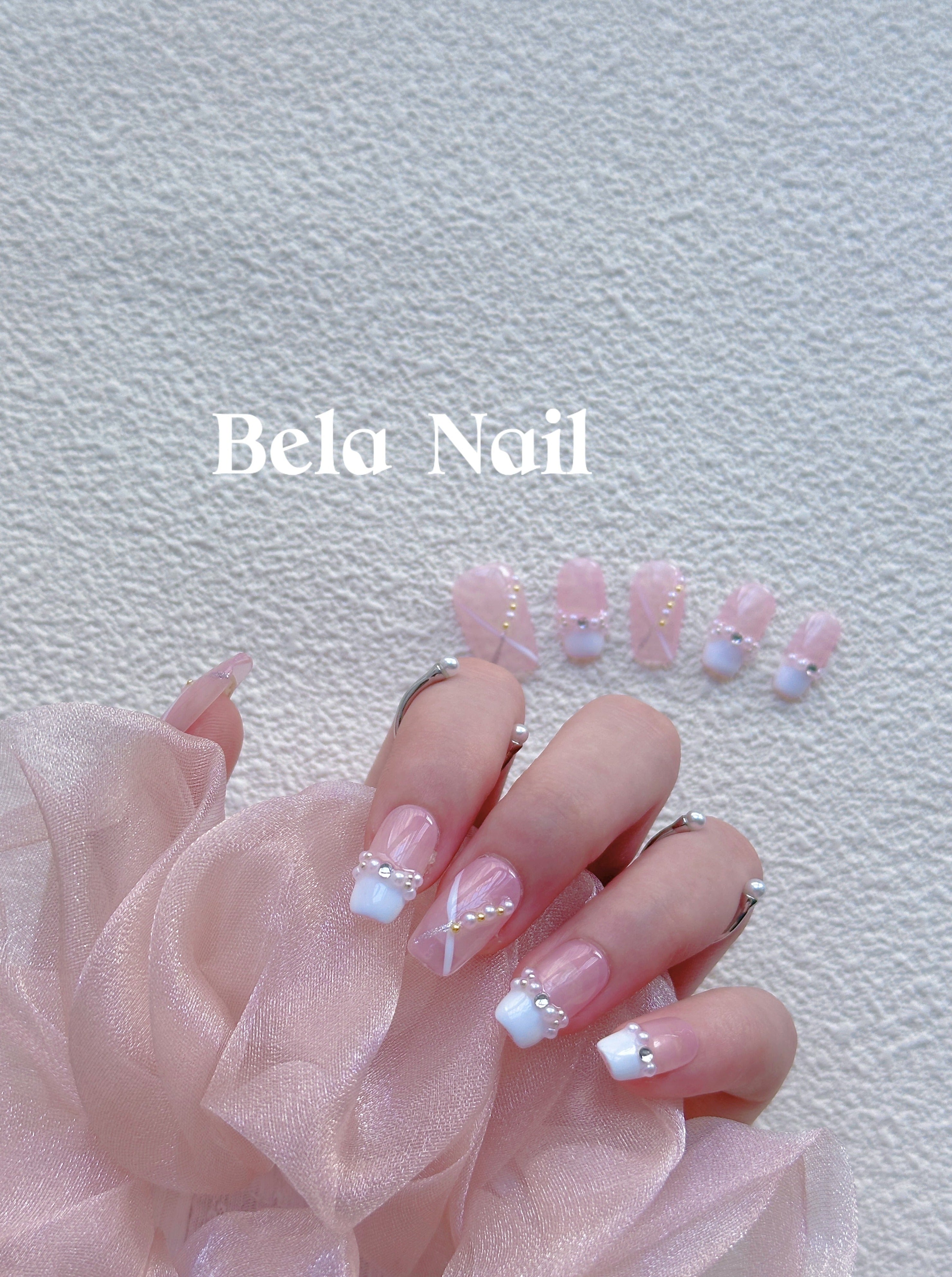 pink white short square cute little pearl handmade press on nails