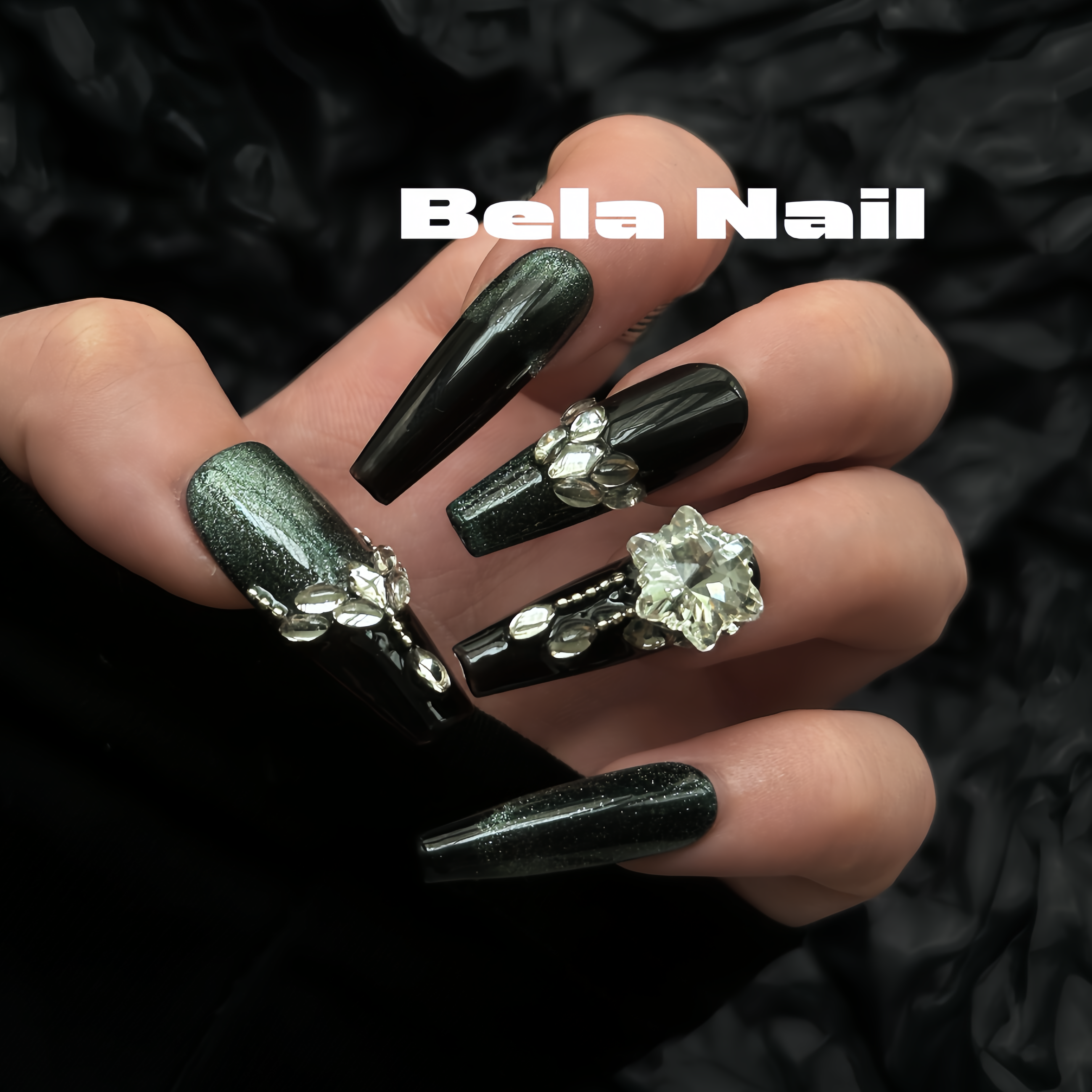 black medium coffin gemstone crystal handmade press on nails
