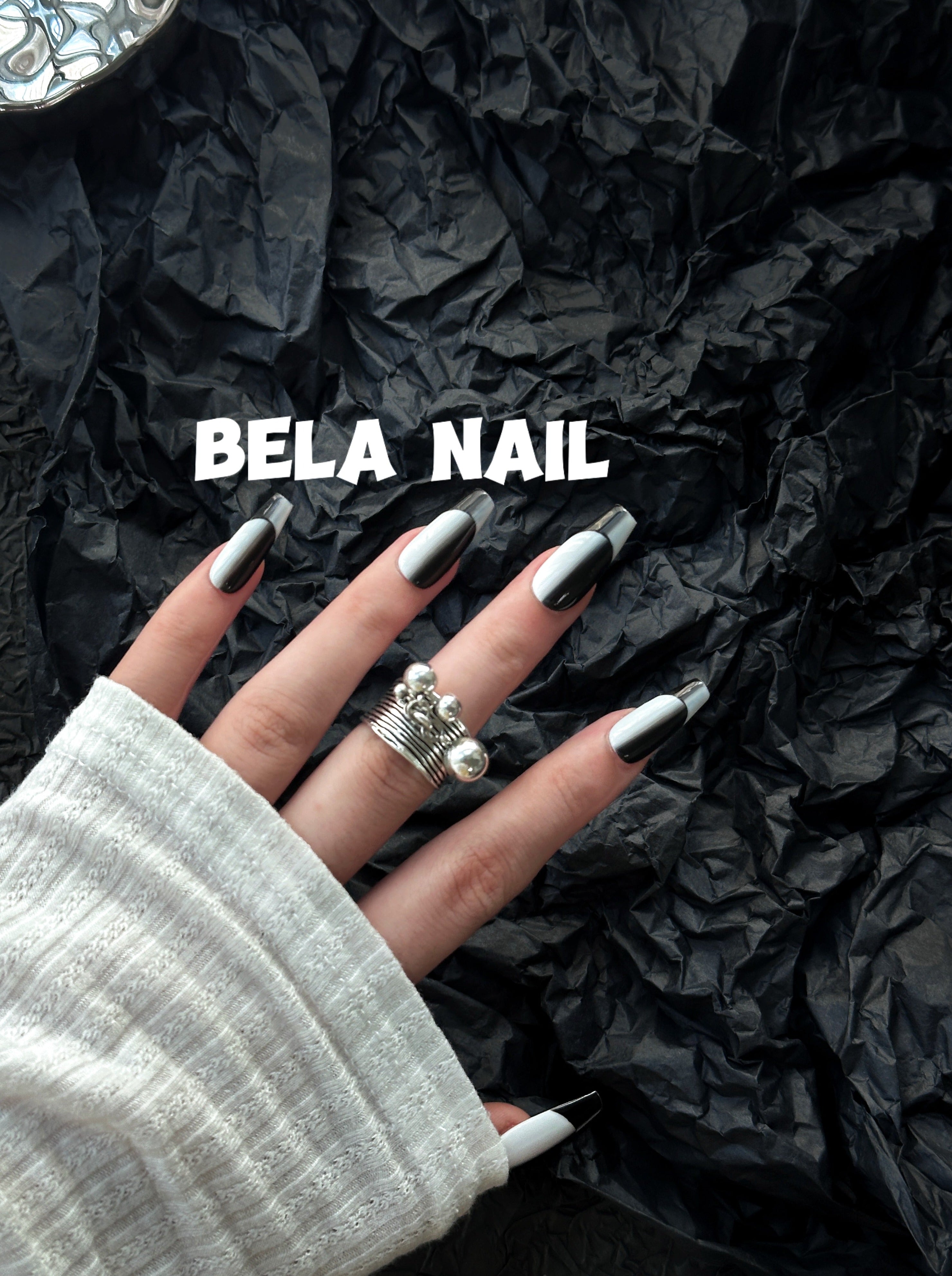 black white square medium coffin simple style handmade press on nails