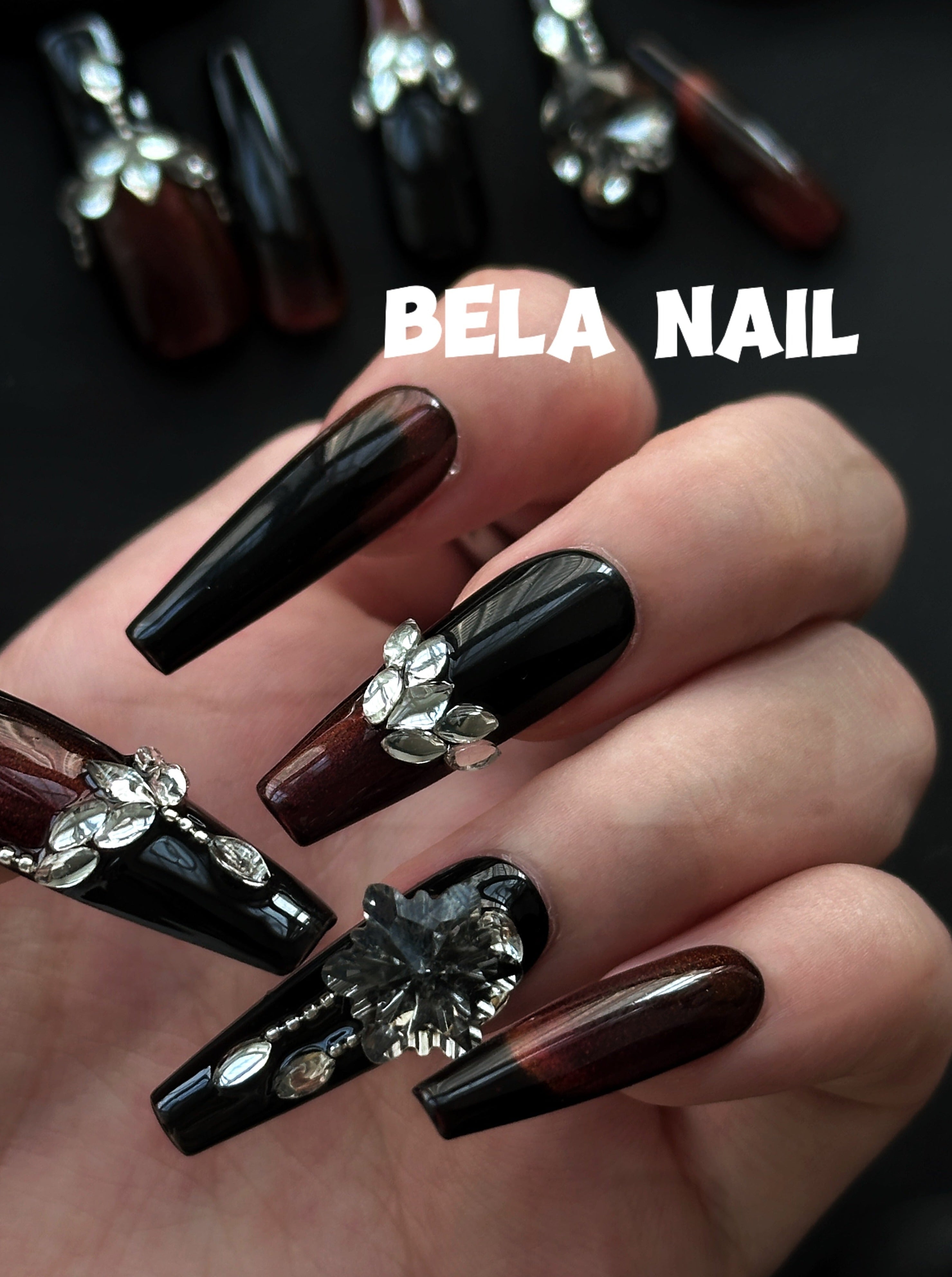 bronzing medium coffin gemstone diamond handmade press on nails