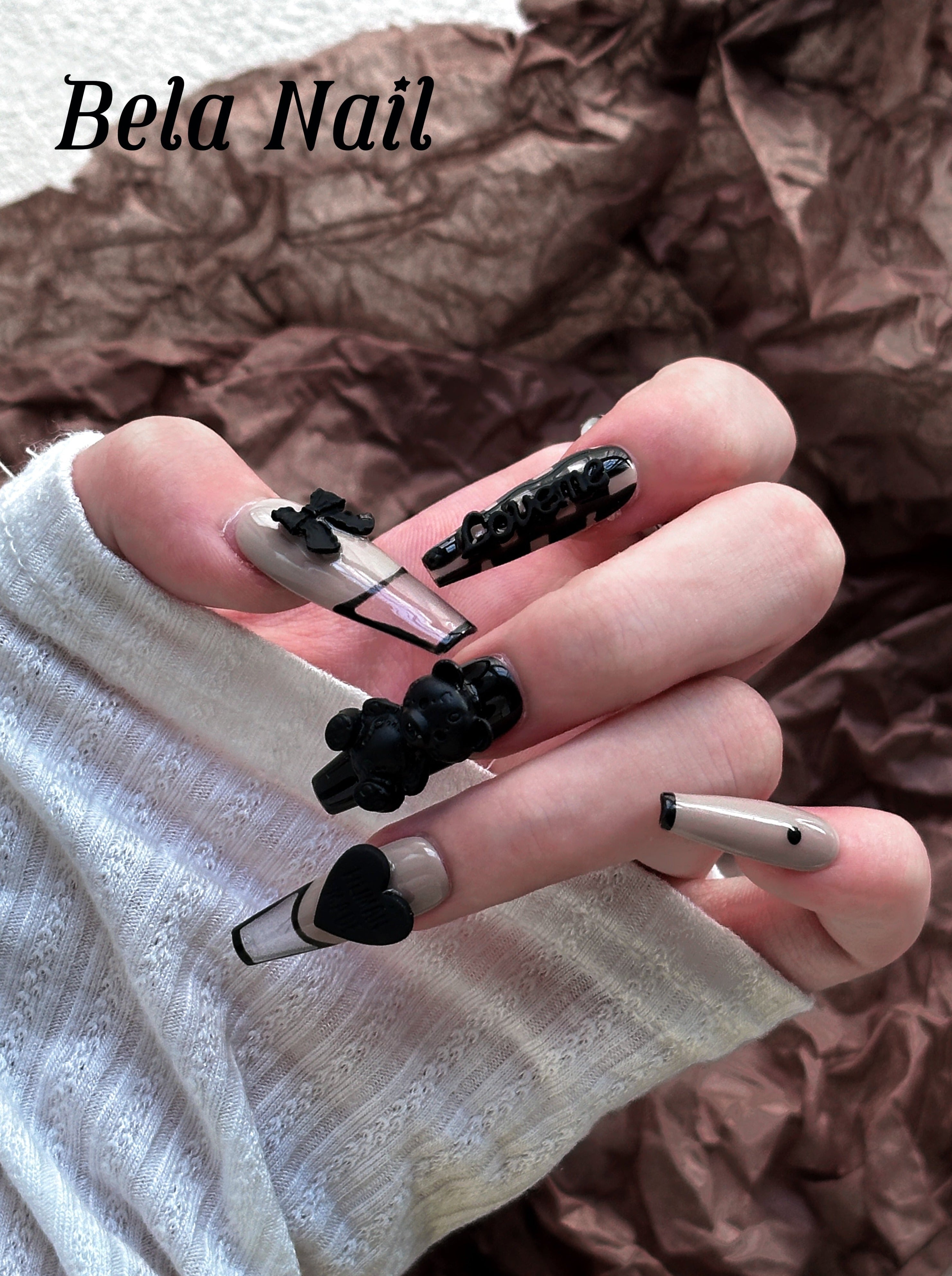 black white medium coffin cute bear bowknot flower discounted handmade press on nails