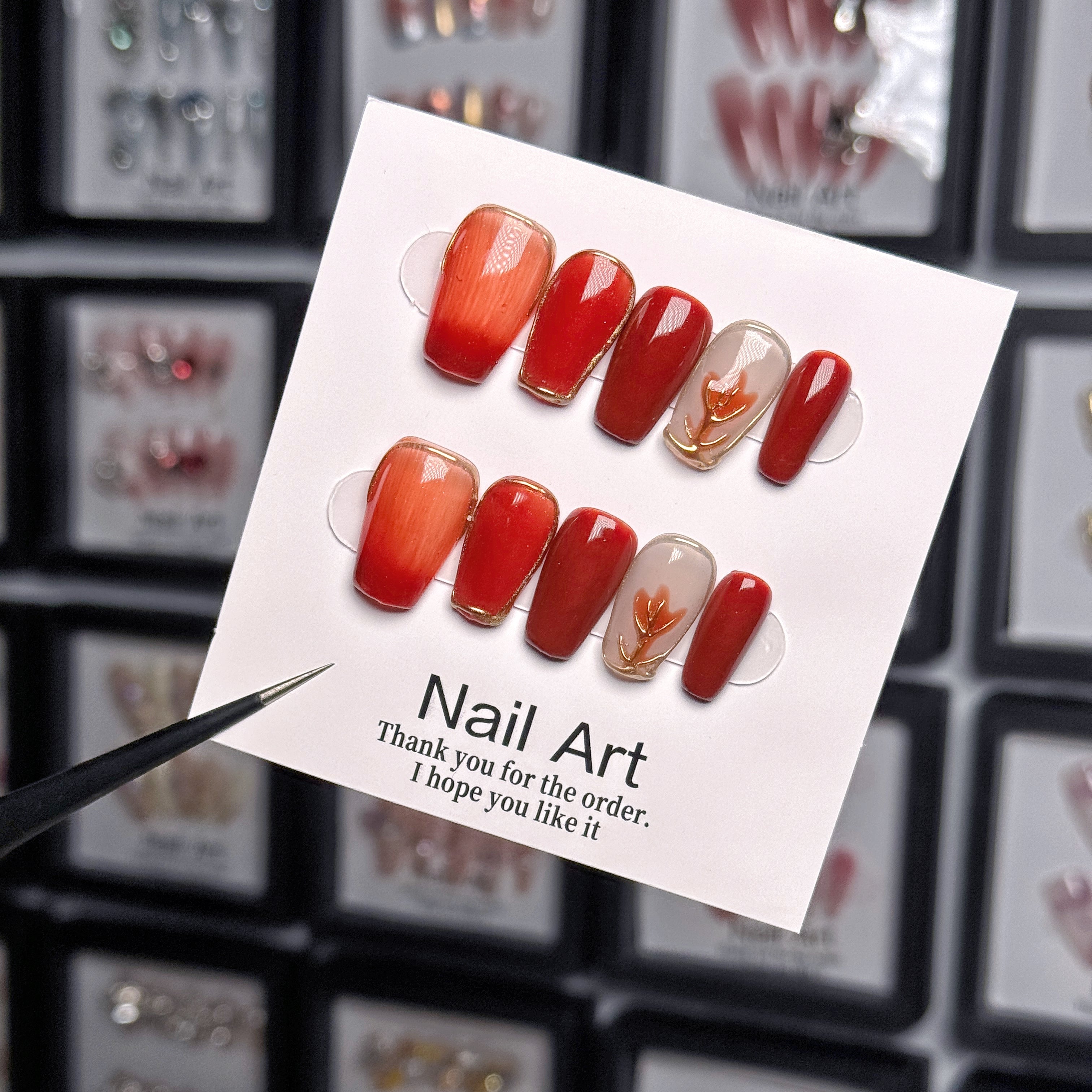 Simple style hand made press on nail short square red fire