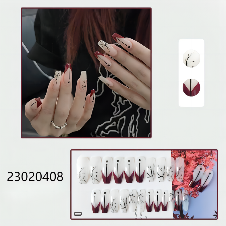 red white leaves  middle coffin machine press on nails