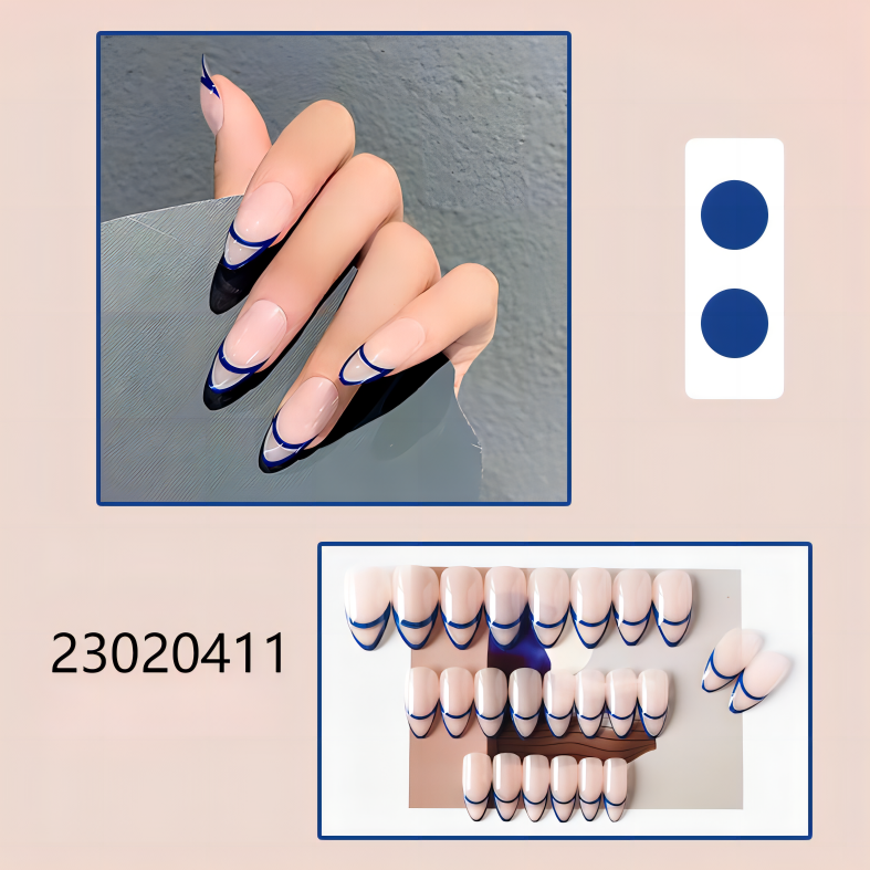 blue white french style short almond machine press on nails