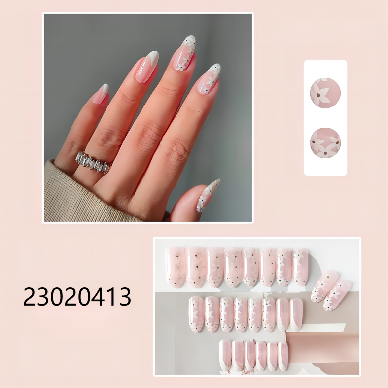 WHITE flower middle almond machine press on nails