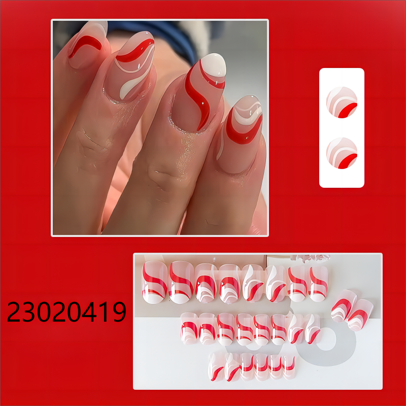 red white wave short round machine press on nails