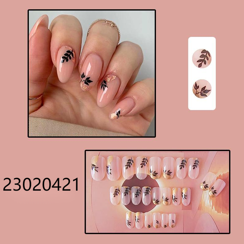 gold dust  leaves short almond machine press on nails