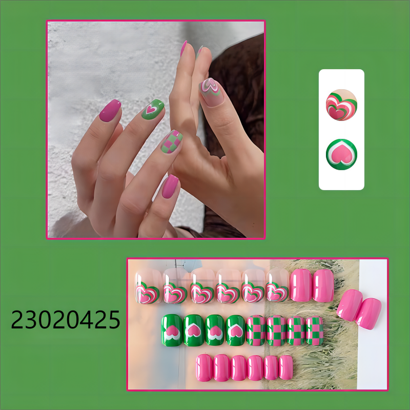 colorful heart pink short square machine press on nails