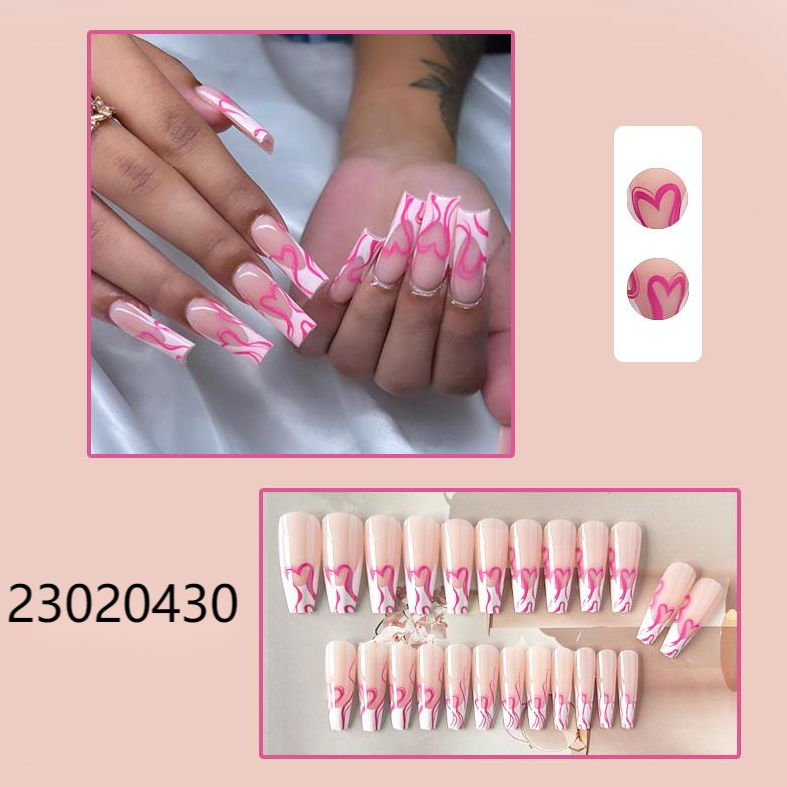 pink heart flower long coffin machine press on nails