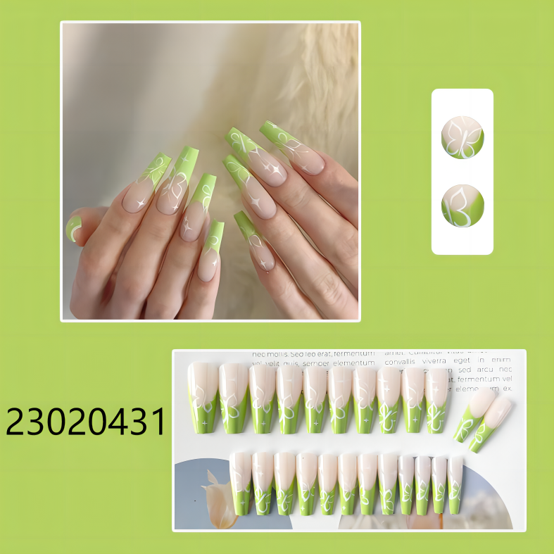 green butterfly long coffin machine press on nails