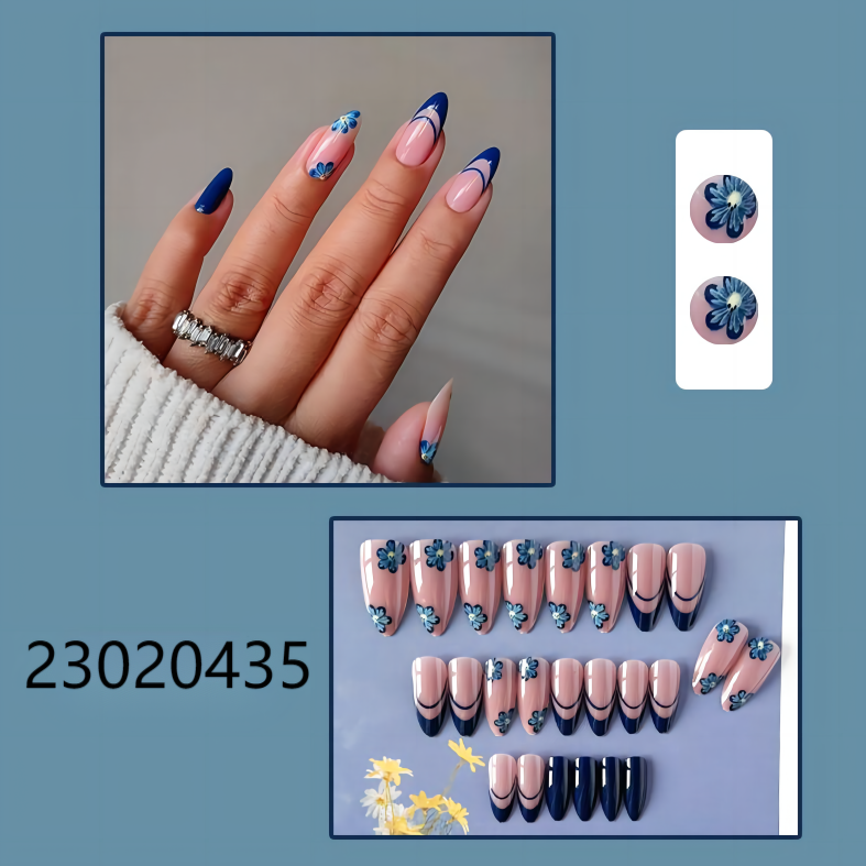 blue plum blossom almond machine press on nails