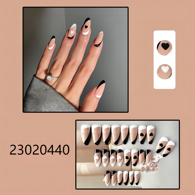 black white heart almond machine press on nails