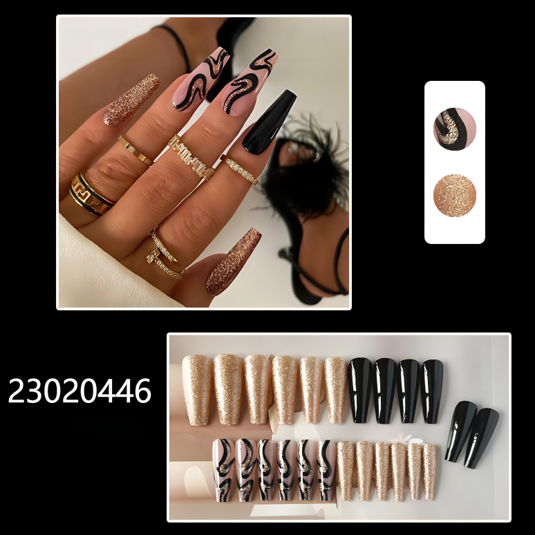 black shiny golden sands middle coffin machine press on nails