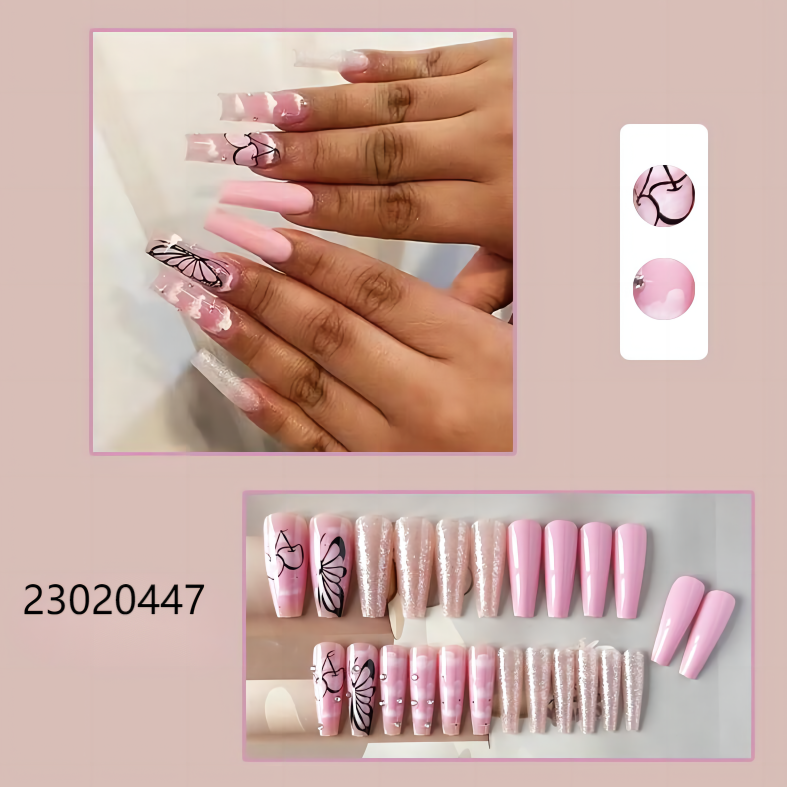 shiny pink white butterfly long coffin machine press on nails