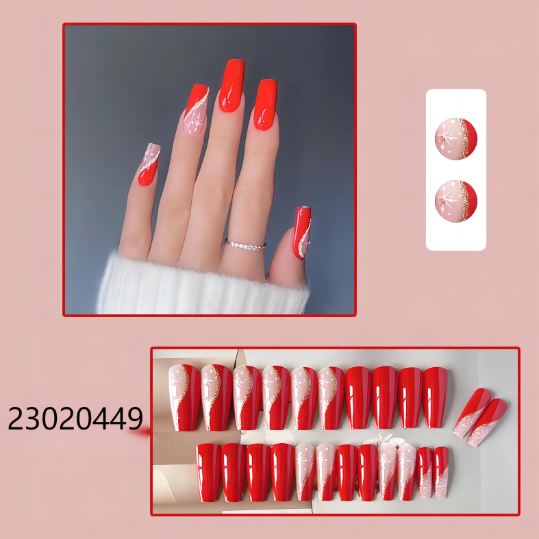 red shiny flower middle coffin machine press on nails
