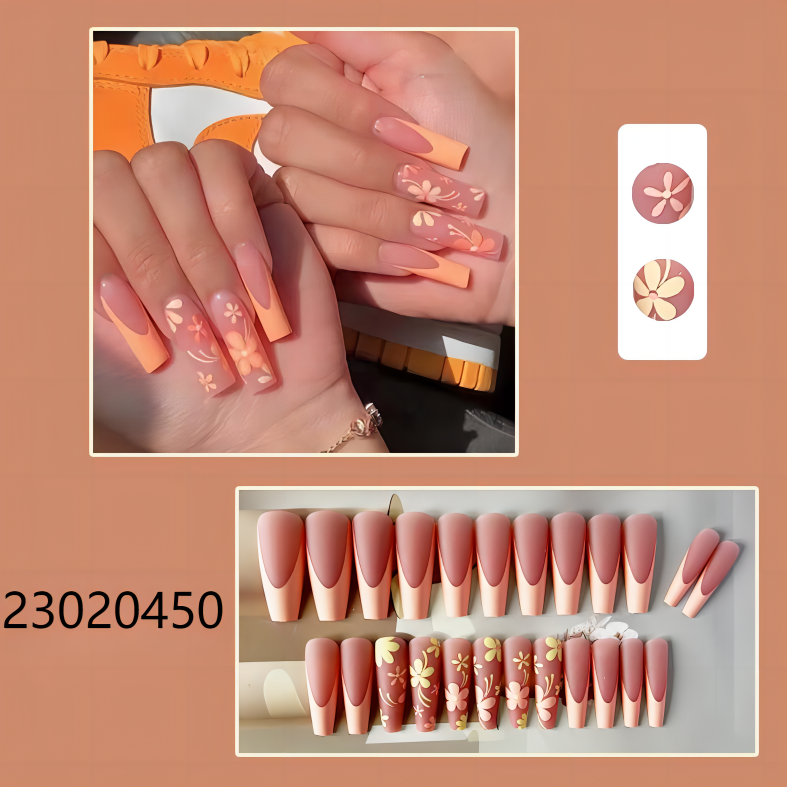 nude pink with yellow flower long coffin machine press on nails