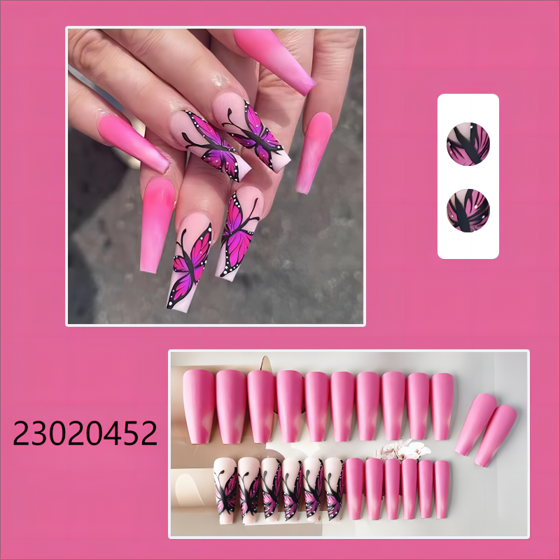 pink  butterfly long coffin machine press on nails