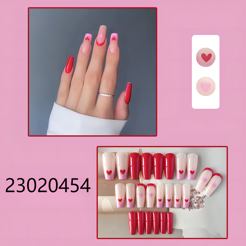 red and pink heart middle coffin machine press on nails
