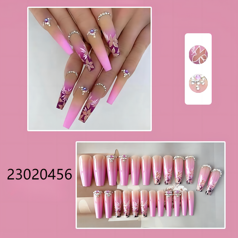 shiny pink flower with diamond long coffin machine press on nails