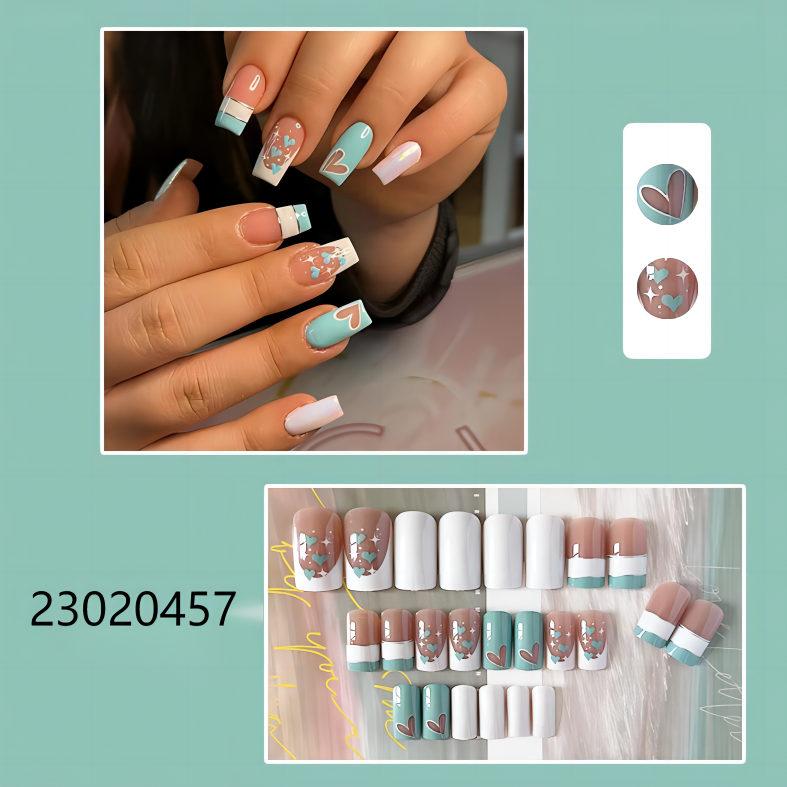 blue and white heart middle coffin press on nails