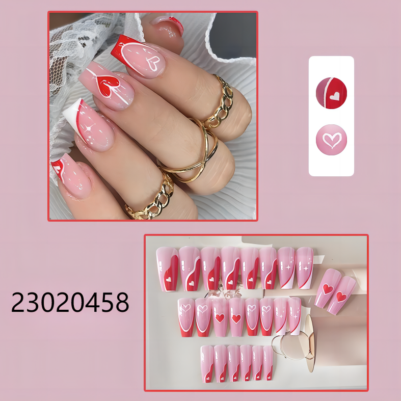 red pink heart middle coffin machine press on nails