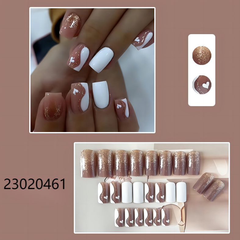 golden sands and white heart short square machine press on nails