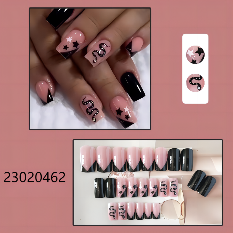 pink black snake with stars short square machine press on nails