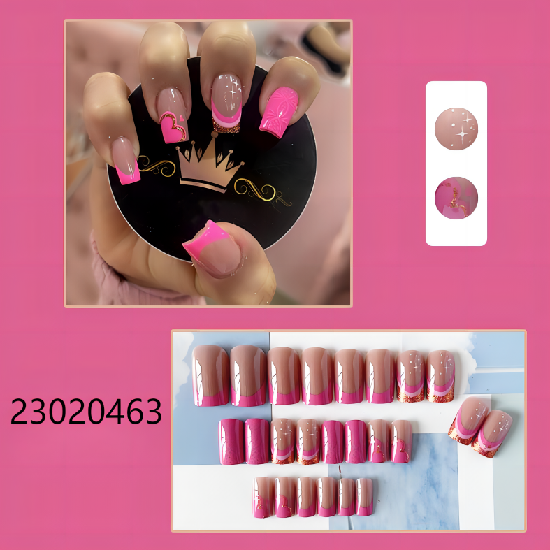 shiny pink heart short square machine press on nails
