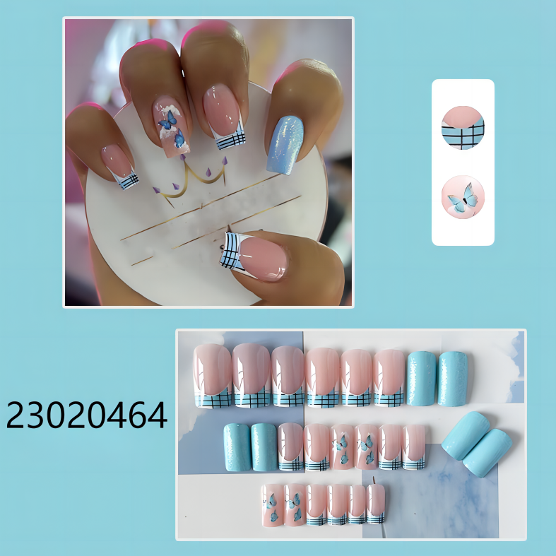 blue black stripe butterfly short square machine press on nails