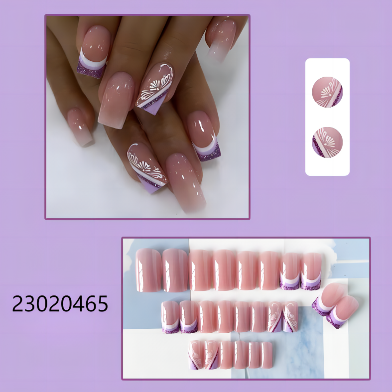 white purple short square machine press on nails