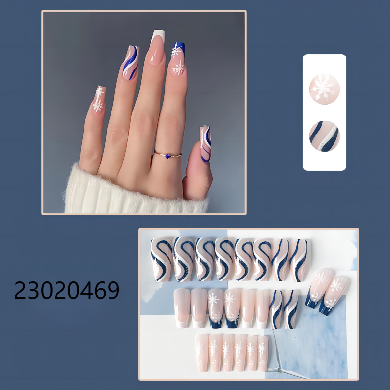 blue white snowflake middle coffin  machine press on nails